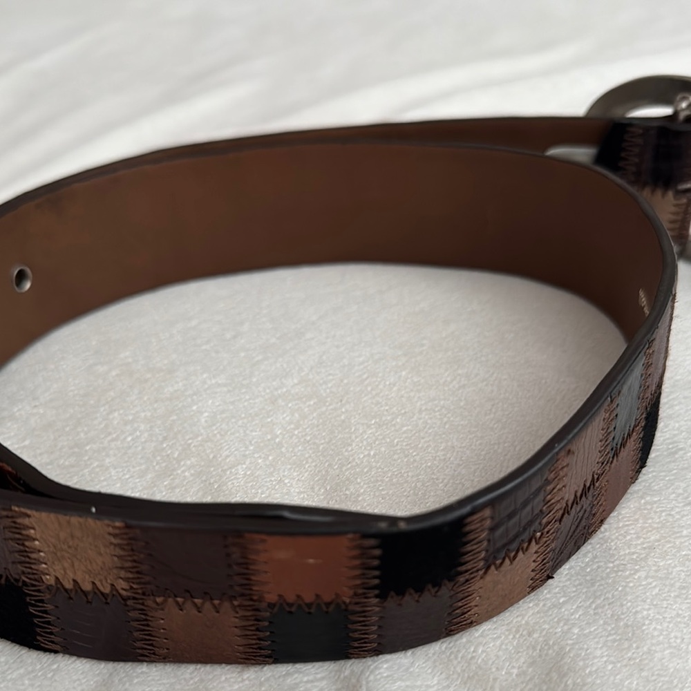 Vintage Fossil patch work genuine Leather Belt with Silver Buckle - Picture 10 of 13